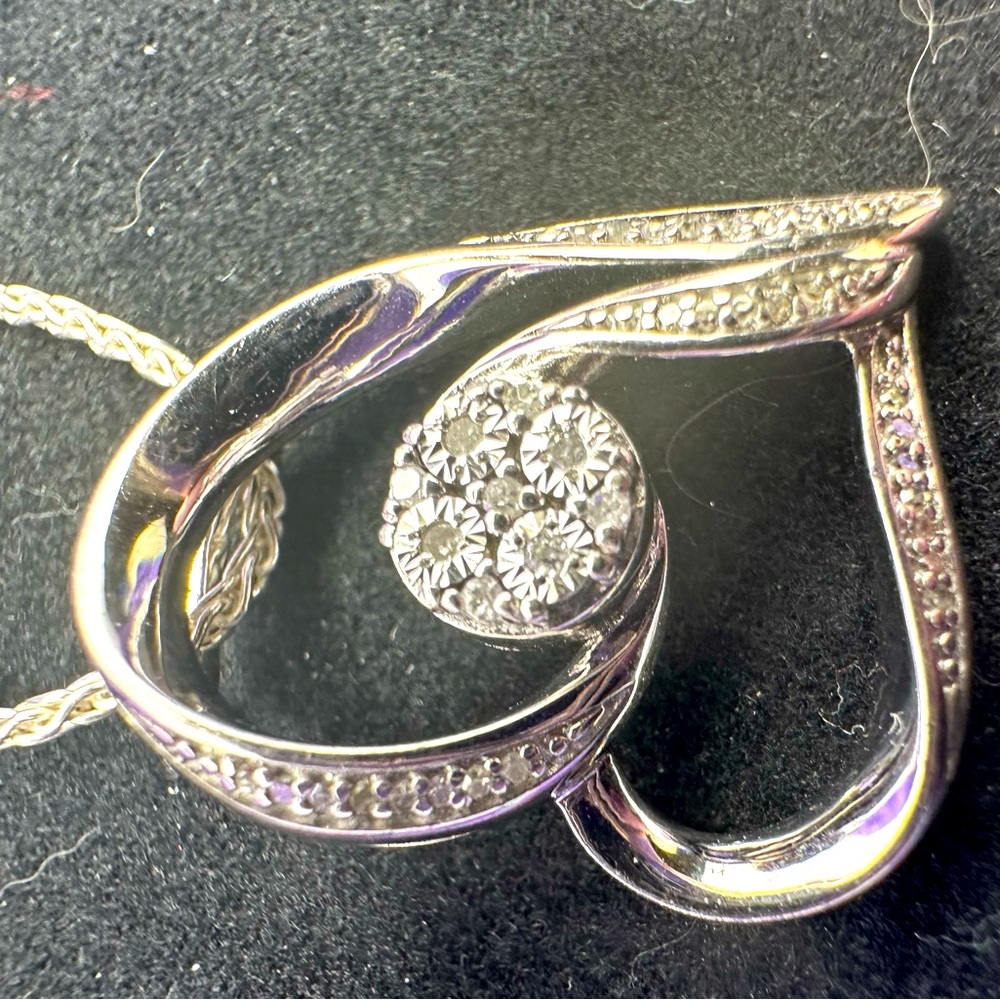Sterling silver Diamond chip Heart necklace with NEW adjustable sterling chain